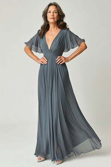 Elegant Twilight A-Line V-neck Ruch Long Chiffon Mother Of the Bride Dress with Sleeves